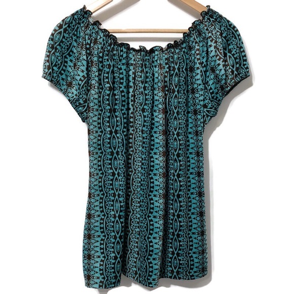 CLAUDIA RICHARD Boho Peasant Top Blue Brown Sz LG - Picture 10 of 15